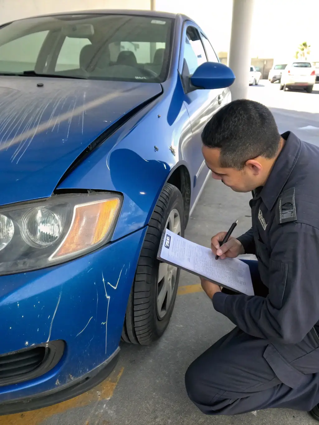 A close-up shot of a damaged car panel being inspected by an AutoValue appraiser, highlighting the detailed assessment process.